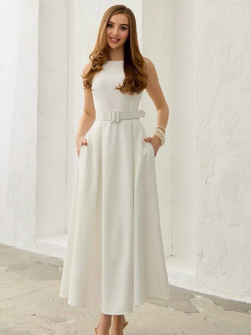 Elegant Ivory Belted Maxi Dress