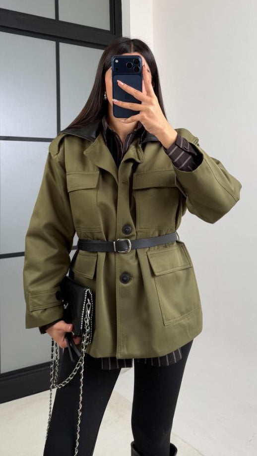 Olive Belted Overshirt Jacket