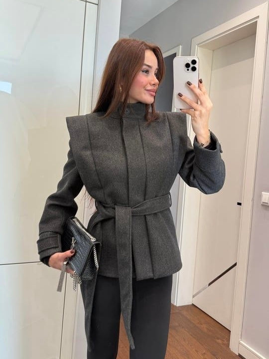 Grey Belted Structured Jacket