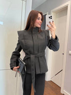 Grey Belted Structured Jacket
