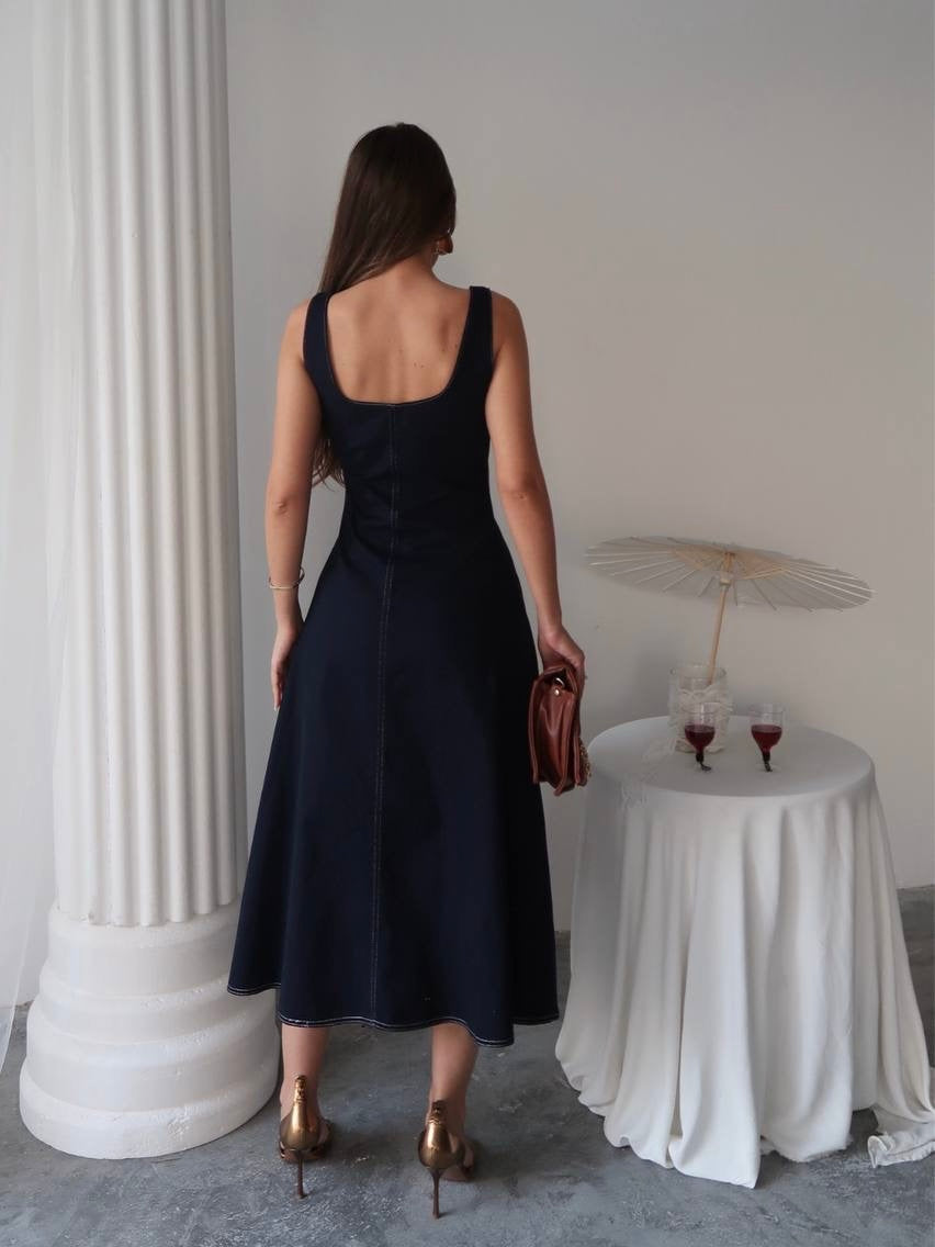 Navy Denim Midi Dress