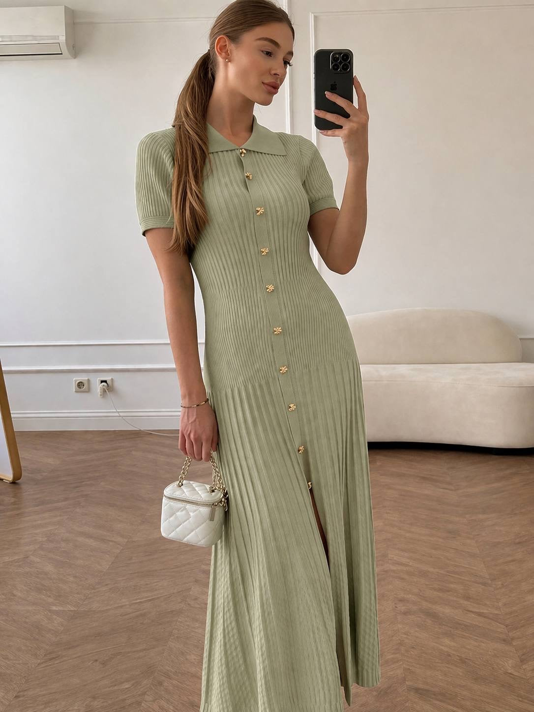 Olive Gold Button Knit Maxi Dress