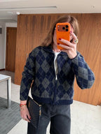 Classic Argyle Knit Zip Cardigan