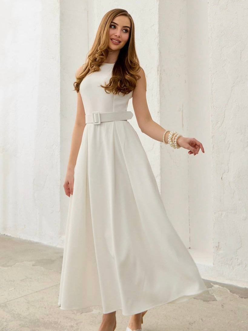 Elegant Ivory Belted Maxi Dress