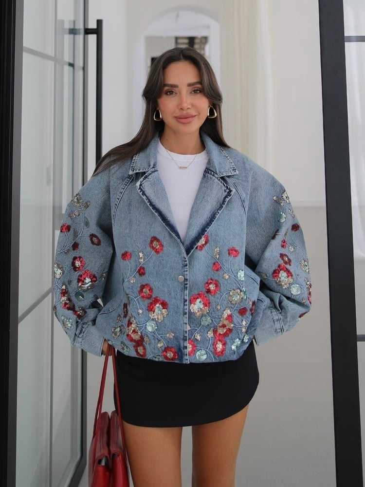 Embroidered Floral Denim Blazer
