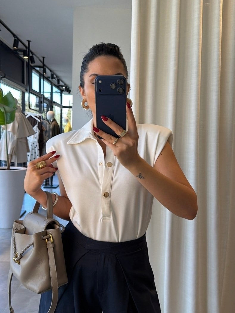 White Sleeveless Button Polo Bodysuit