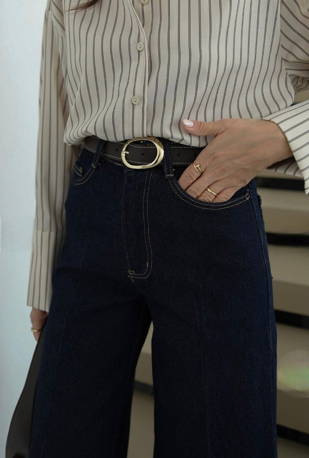 ZARA High-Waist Wide Leg Navy Jeans