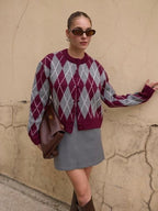 Burgundy Argyle Knit Cardigan
