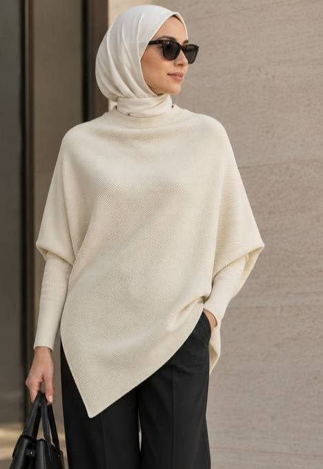 Ivory Asymmetric Knit Poncho