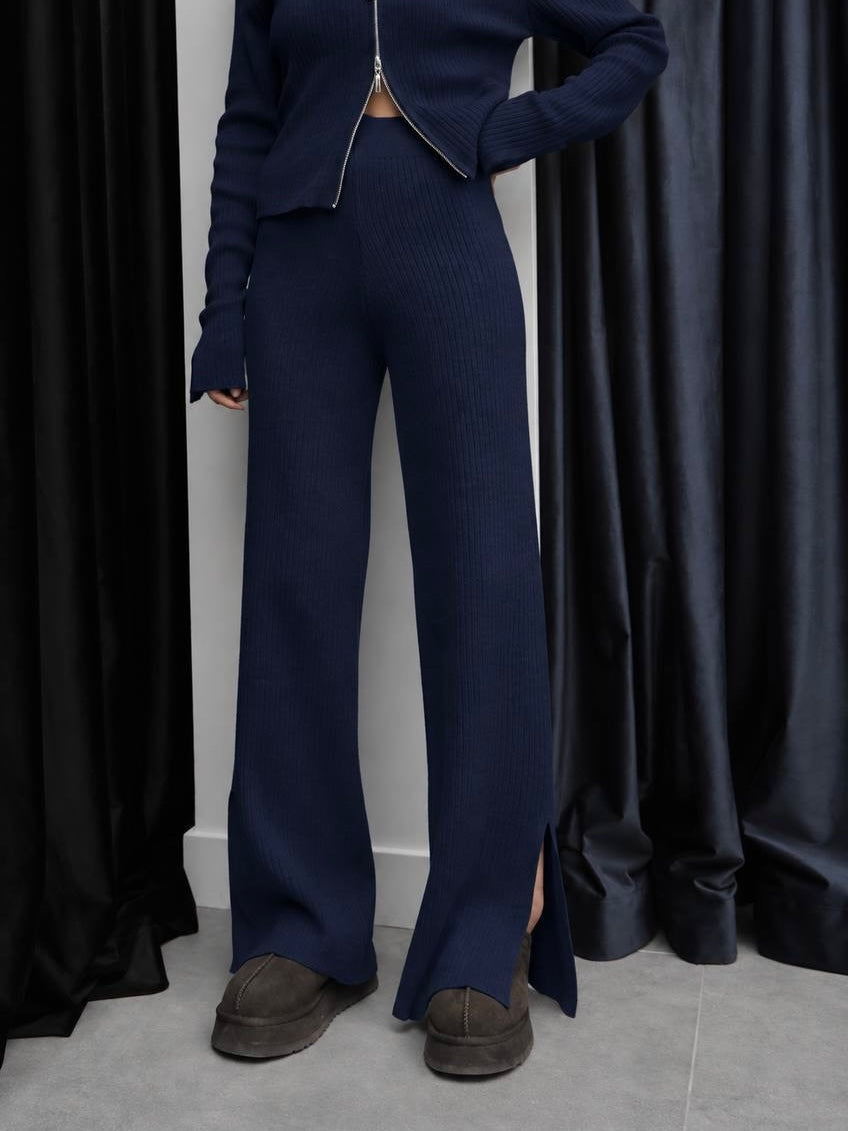 Navy Ribbed Knit Zip-Up Set