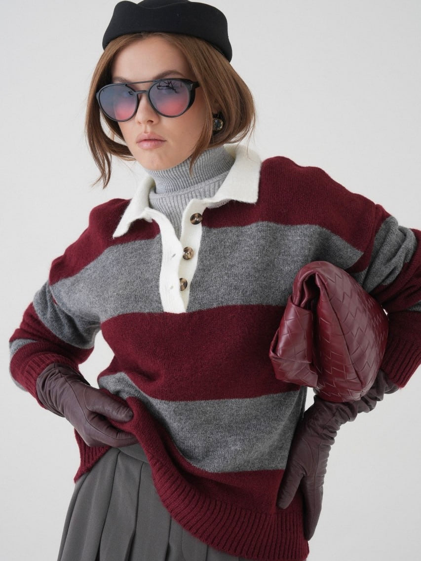 Burgundy & Grey Striped Knit Sweater