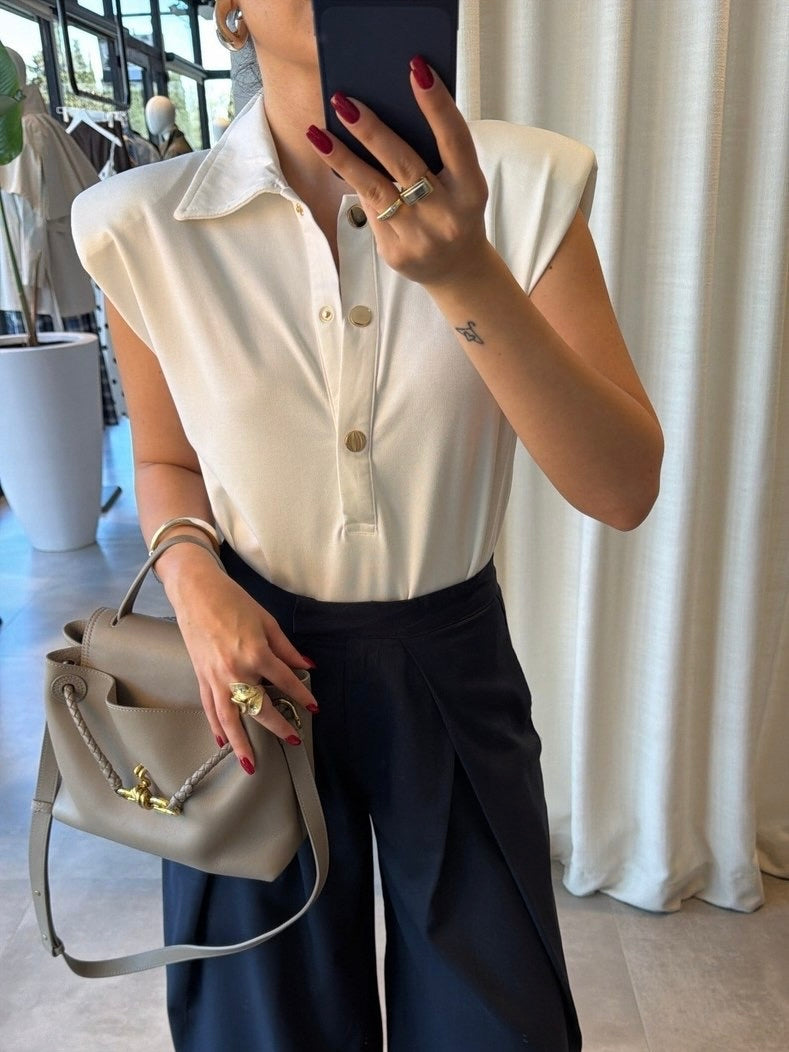 White Sleeveless Button Polo Bodysuit