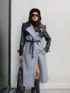 Grey Leather Sleeve Long Coat