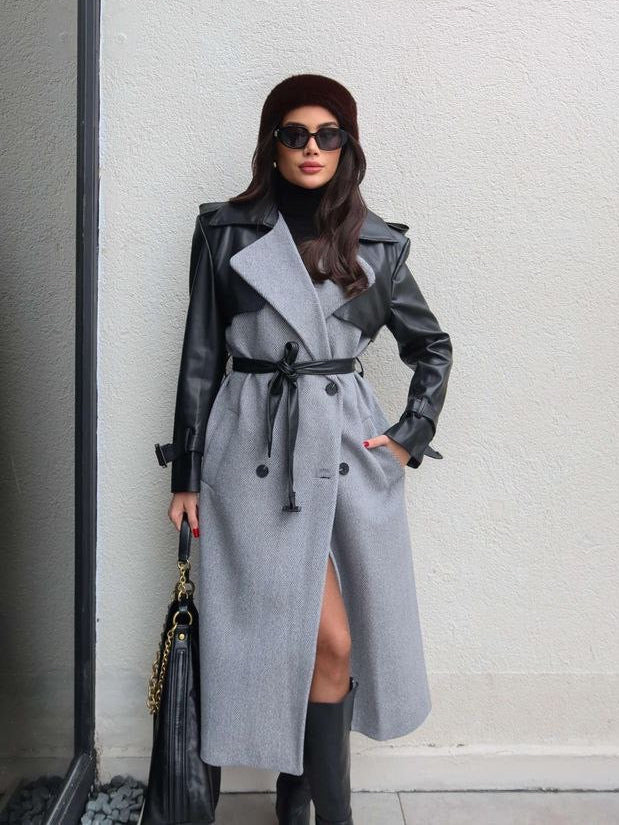 Grey Leather Sleeve Long Coat