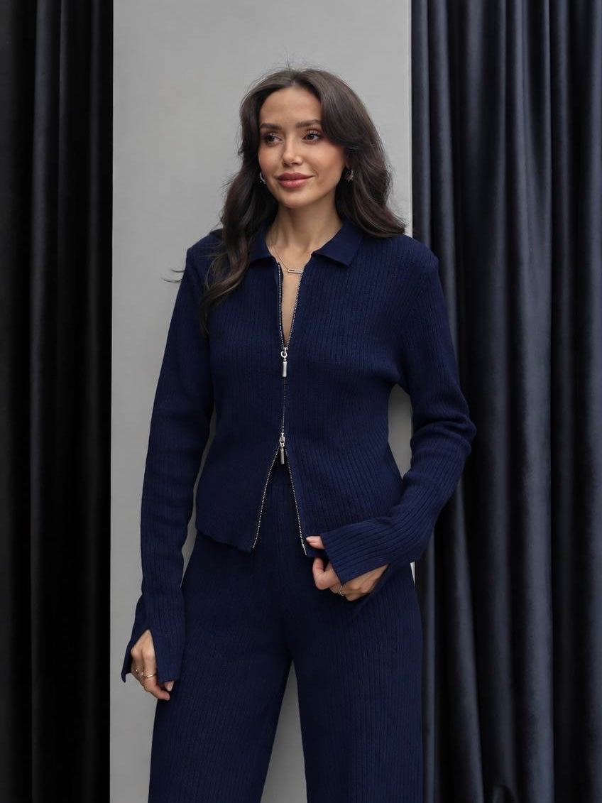Navy Ribbed Knit Zip-Up Set