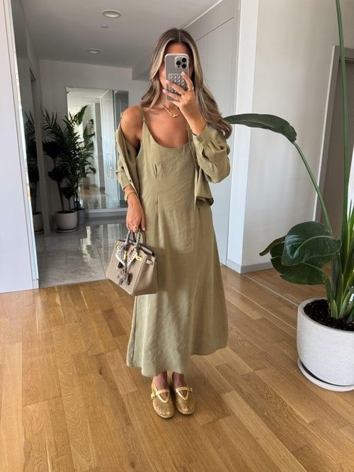 Olive Linen Midi Dress Set