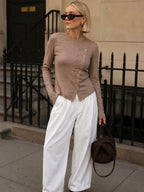 Taupe Button-Detail Knit Top