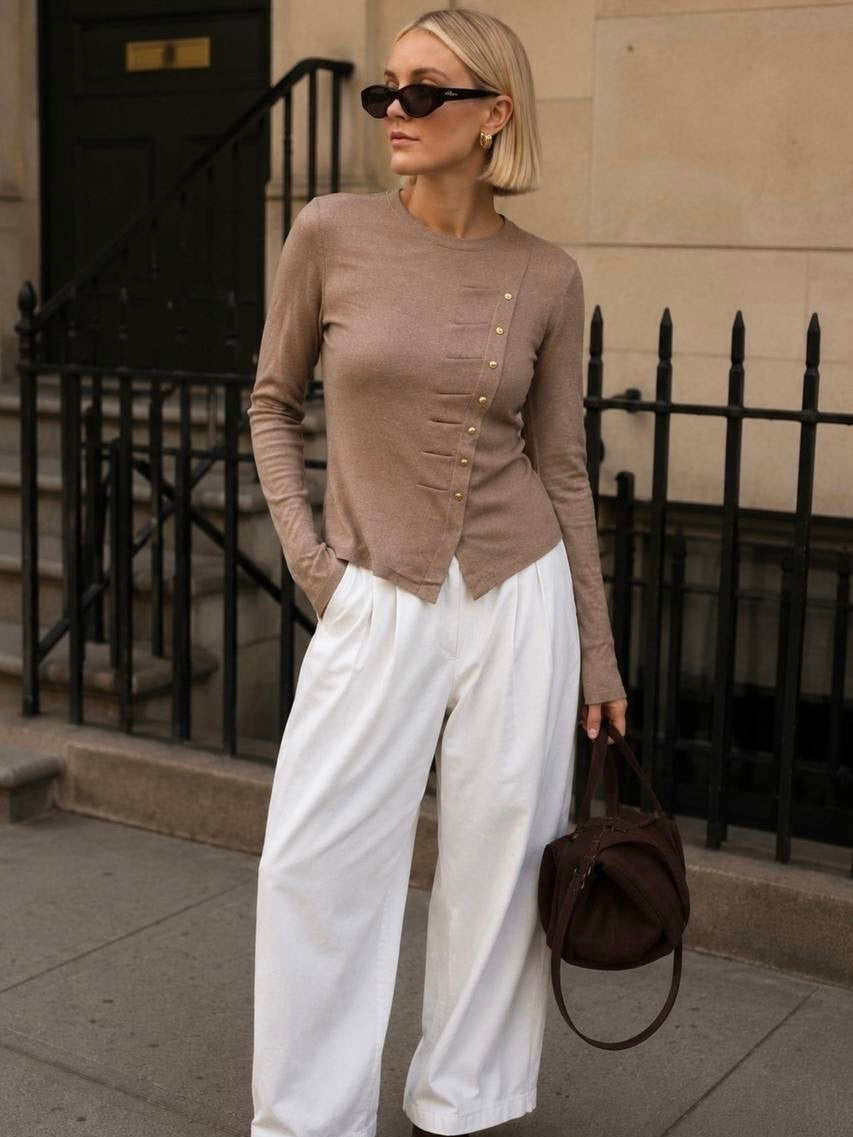 Taupe Button-Detail Knit Top