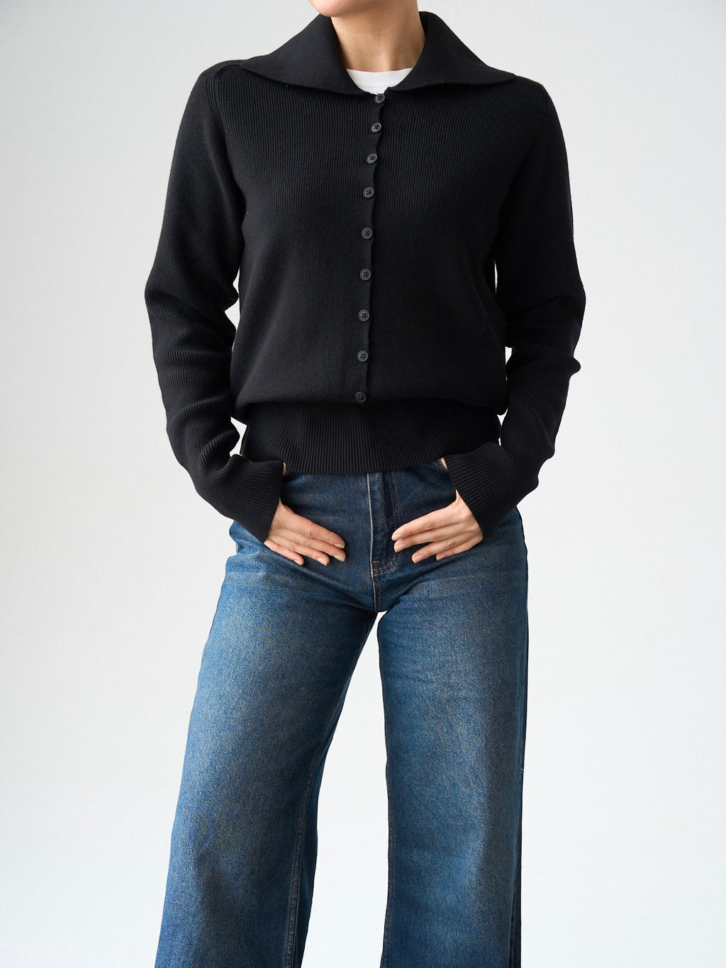 Black Ribbed Collar Knit Blouse