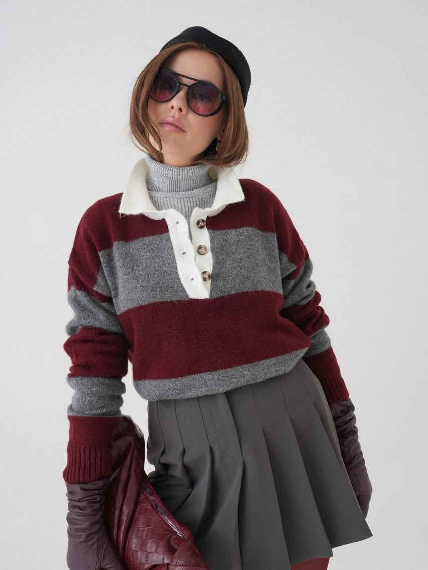Burgundy & Grey Striped Knit Sweater