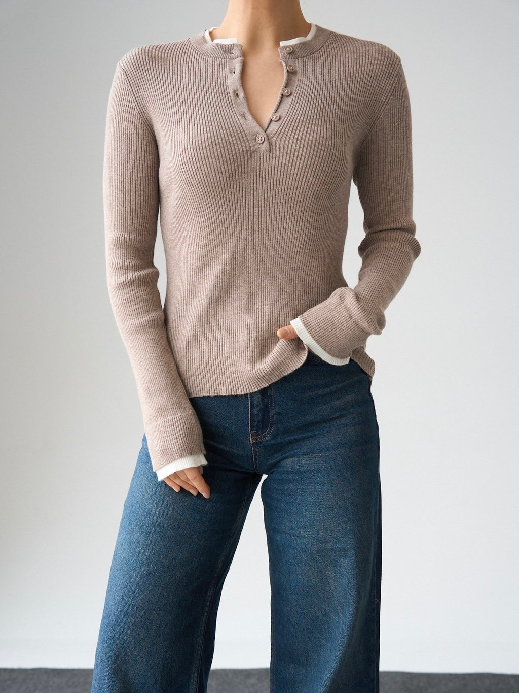 Ribbed Button Neck Top