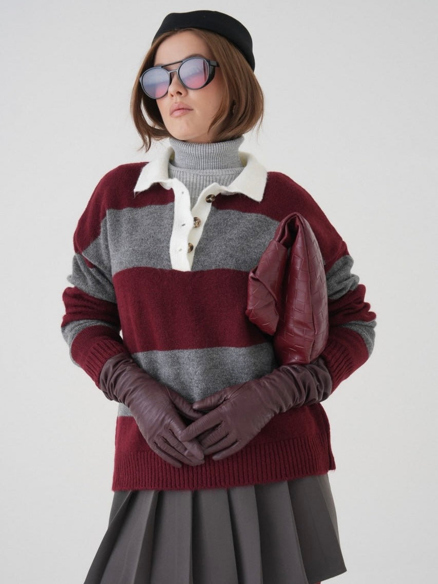 Burgundy & Grey Striped Knit Sweater