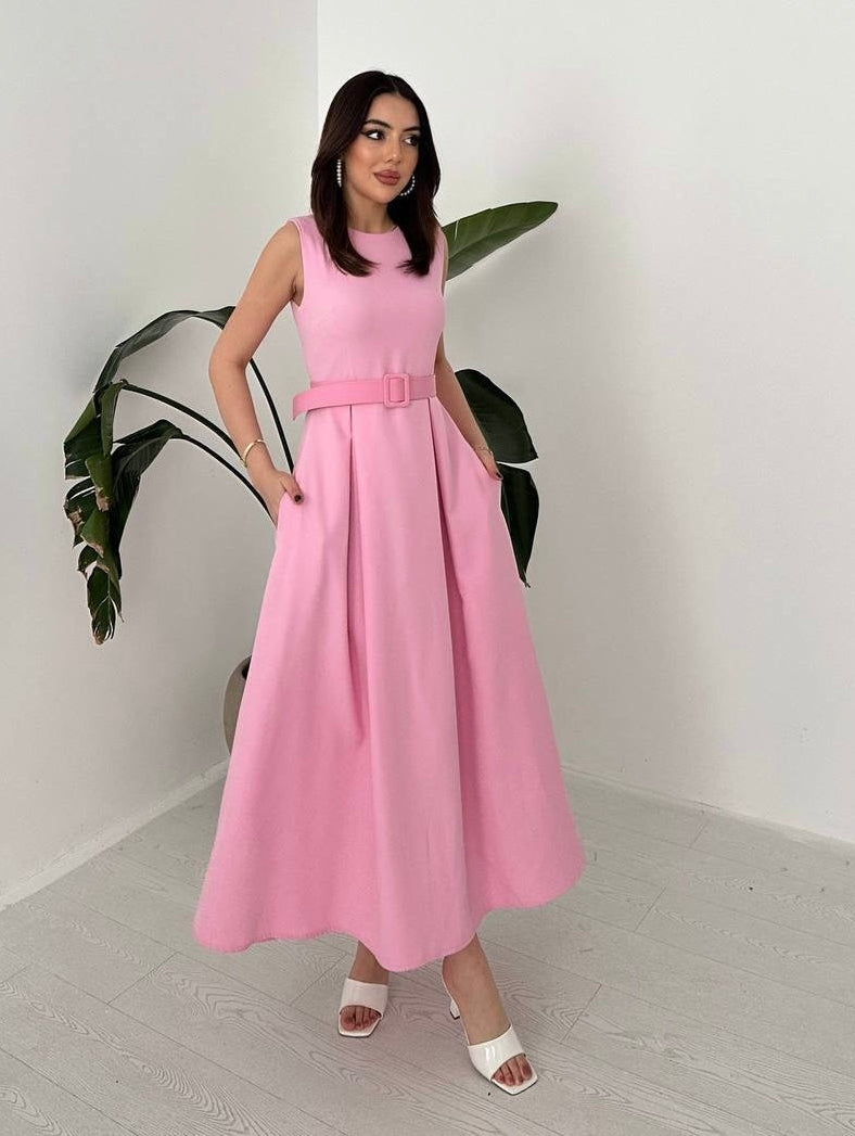 Pink Belted Midi Dress