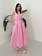 Pink Belted Midi Dress