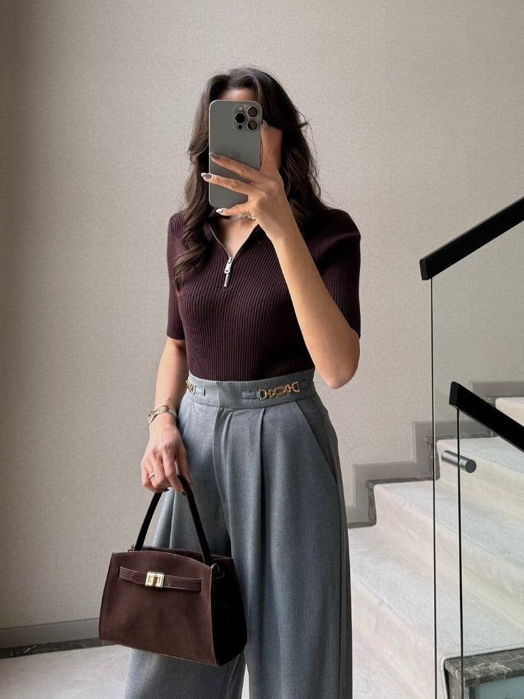 Gold Buckle Wide-Leg Pants