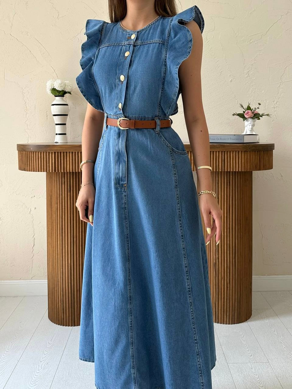 Denim Dress with Belt