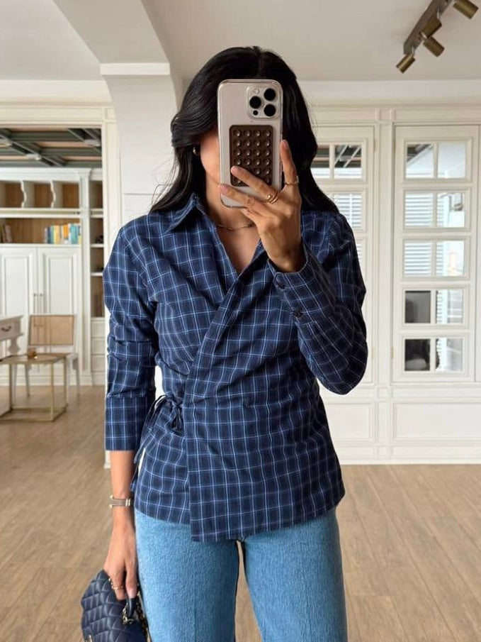 Navy Plaid Wrap Blouse