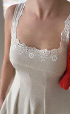 Lace Trim Linen Midi Dress