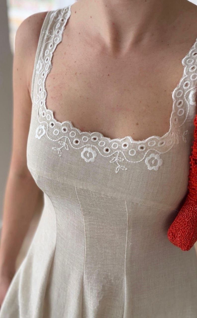 Lace Trim Linen Midi Dress