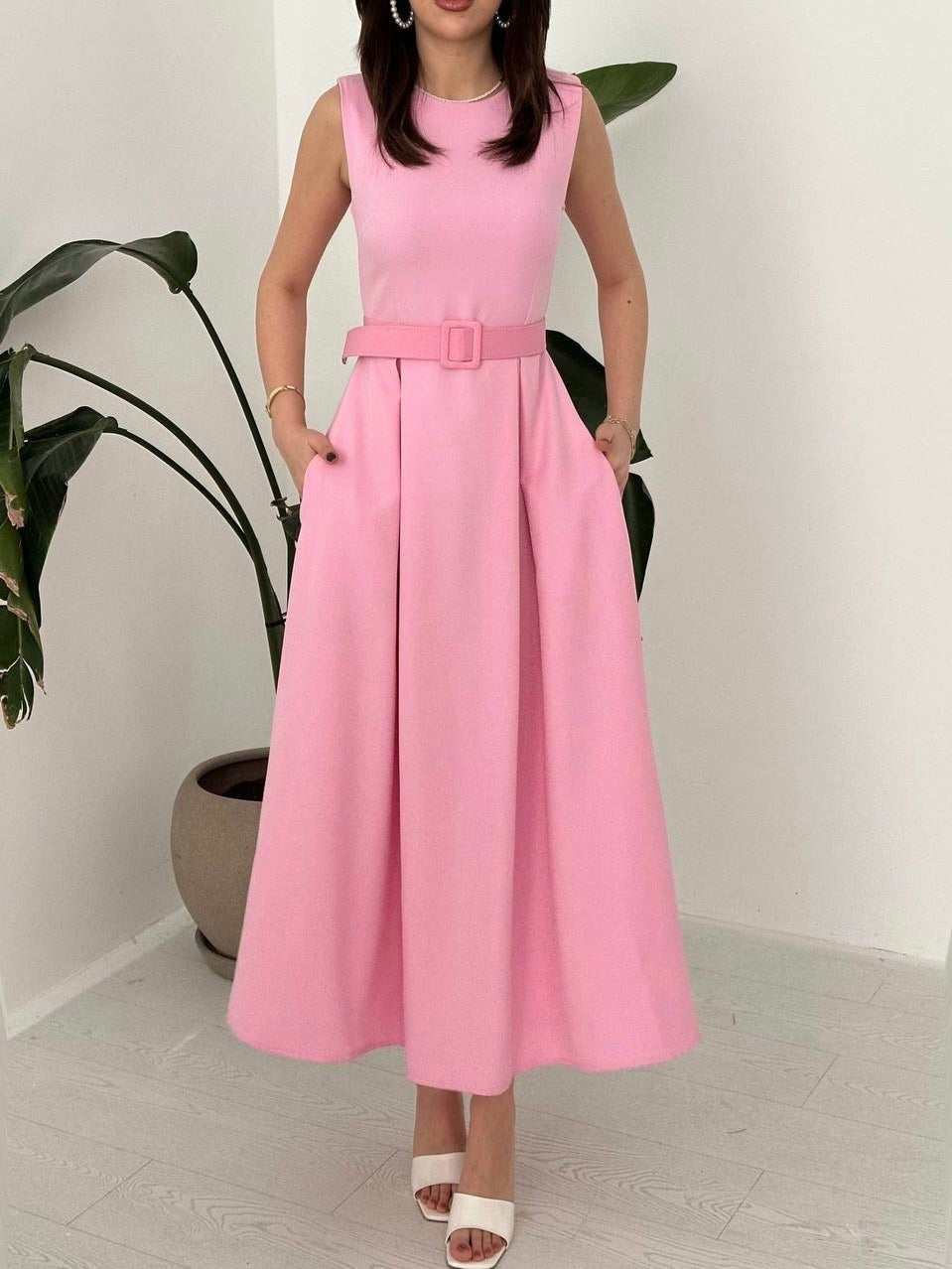 Pink Belted Midi Dress