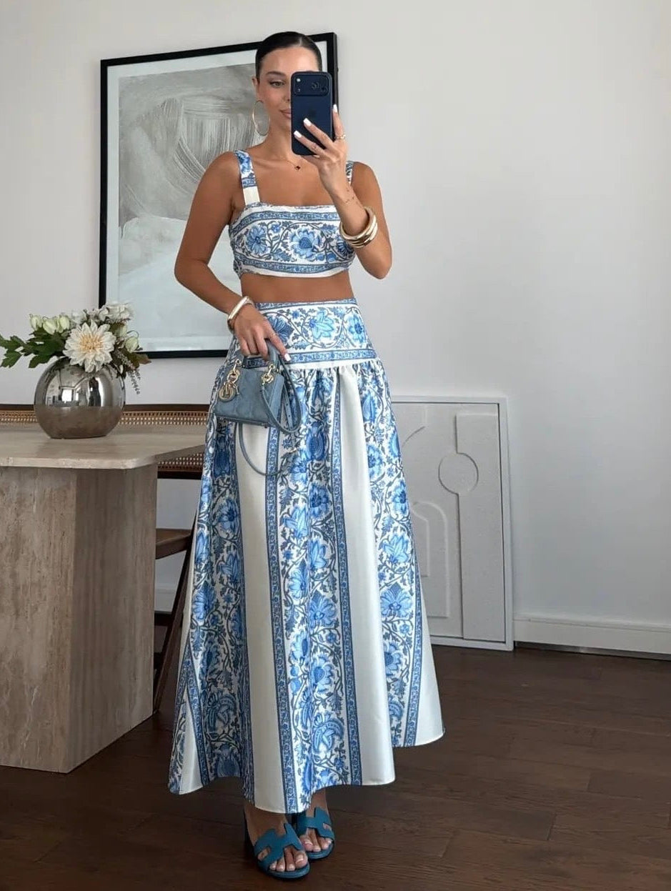 Blue & White Floral Skirt Set