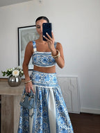 Blue & White Floral Skirt Set
