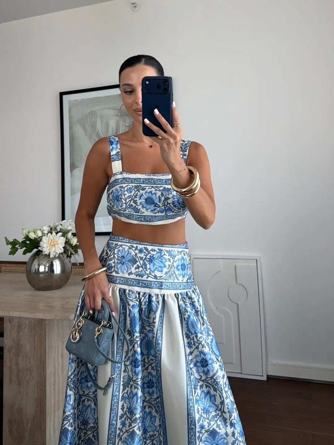 Blue & White Floral Skirt Set