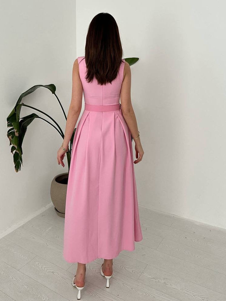 Pink Belted Midi Dress