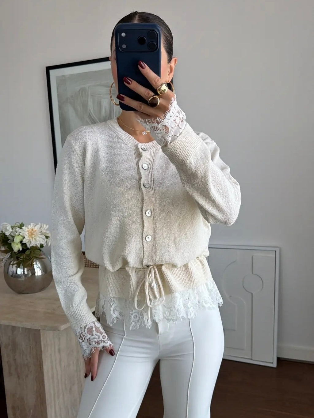 Lace Trim Knit Button-Front Cardigan