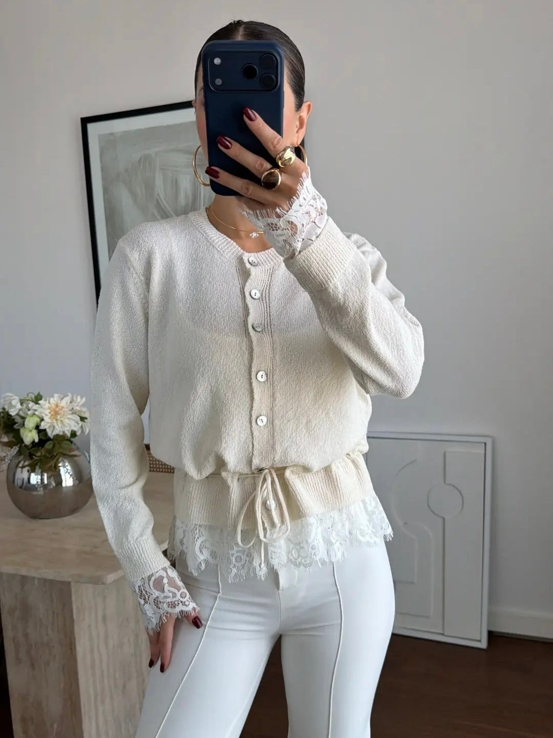 Lace Trim Knit Button-Front Cardigan