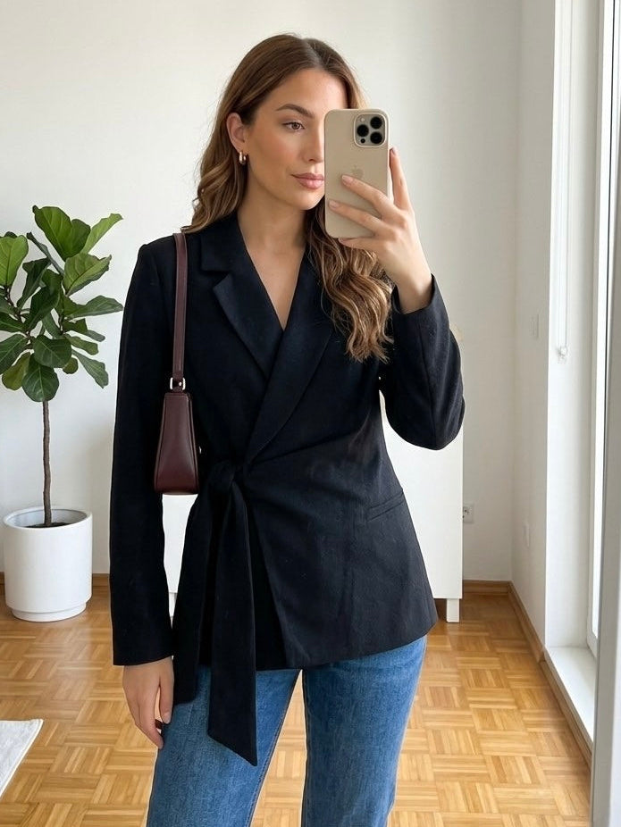 Black Tie-Waist Blazer