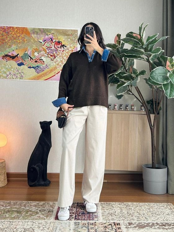 Brown Wool Knit Sweater with Denim