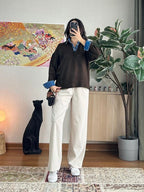 Brown Wool Knit Sweater with Denim