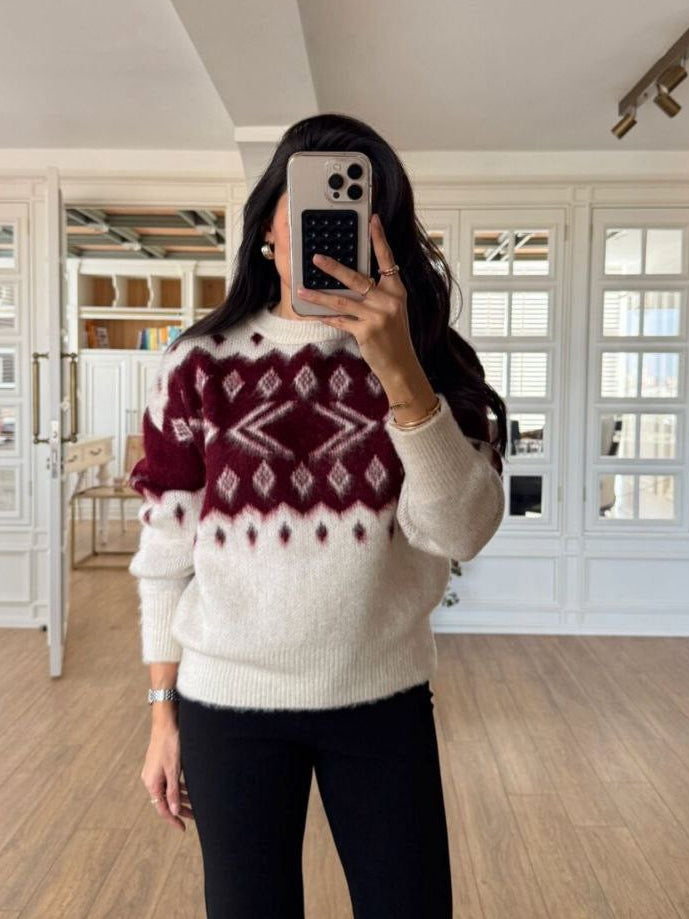 Beige & Burgundy Wool Blouse