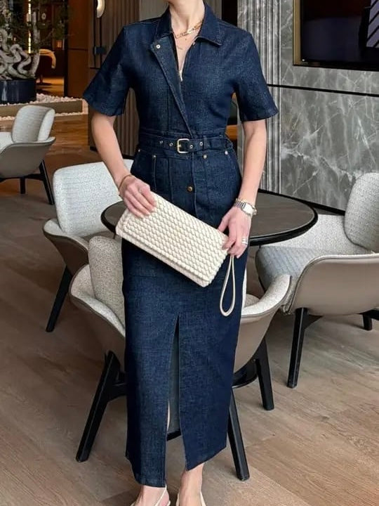 Midnight Denim Belted Dress