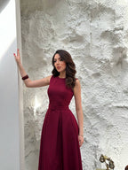 Burgundy Belted Midi Dress