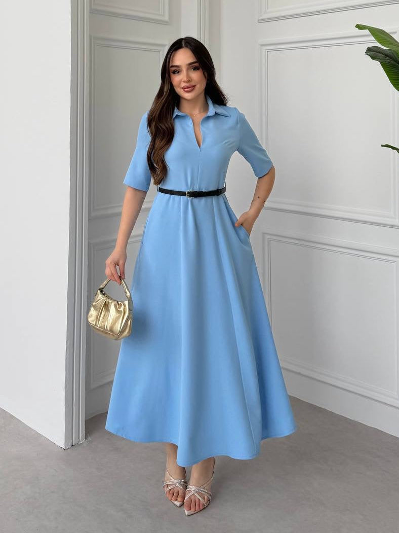 Elegant Blue Belted Dress