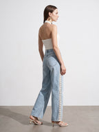 Light Wash Lace Side Wide-Leg Jeans