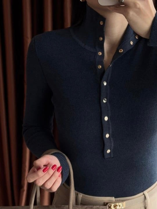 Navy Button Ribbed Top