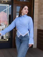 Blue Striped Wrap Lace Shirt